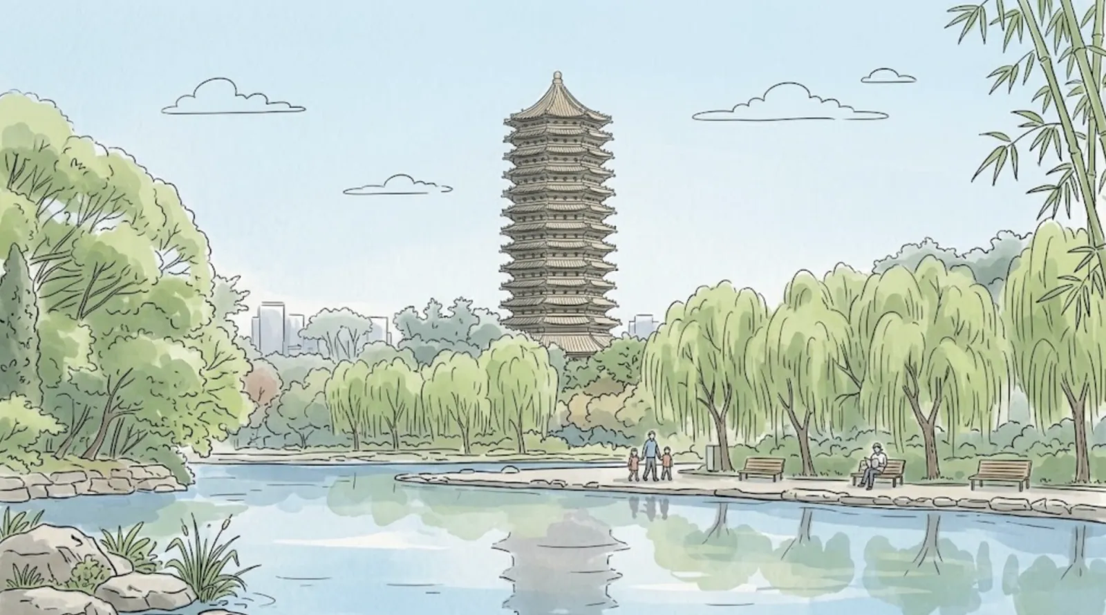 北京大学未名湖与博雅塔手绘水彩插画
